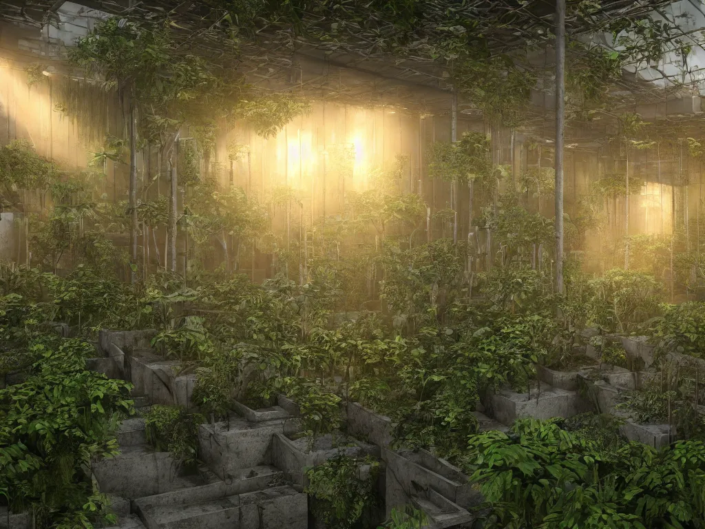 Prompt: a jungle made out of concrete. steel bars as vines, concrete beams for tree trunks, rubble, beautiful atmospheric lighting, sunlight beaming through open windows, small dust particles in the air. unreal engine 5, v - ray, 8 k, ultra hd, god rays.