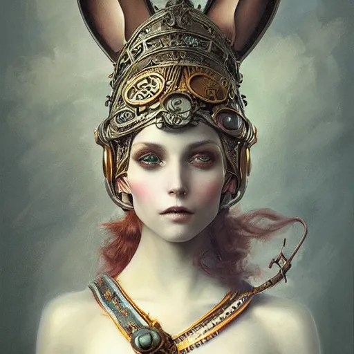 Image similar to tom bagshaw, curiosities carnival, soft paint of a single beautiful female in a full steampunk armor, rabbit - ear helm ornate, symmetry accurate features, focus, very intricate ultrafine details, award winning masterpiece