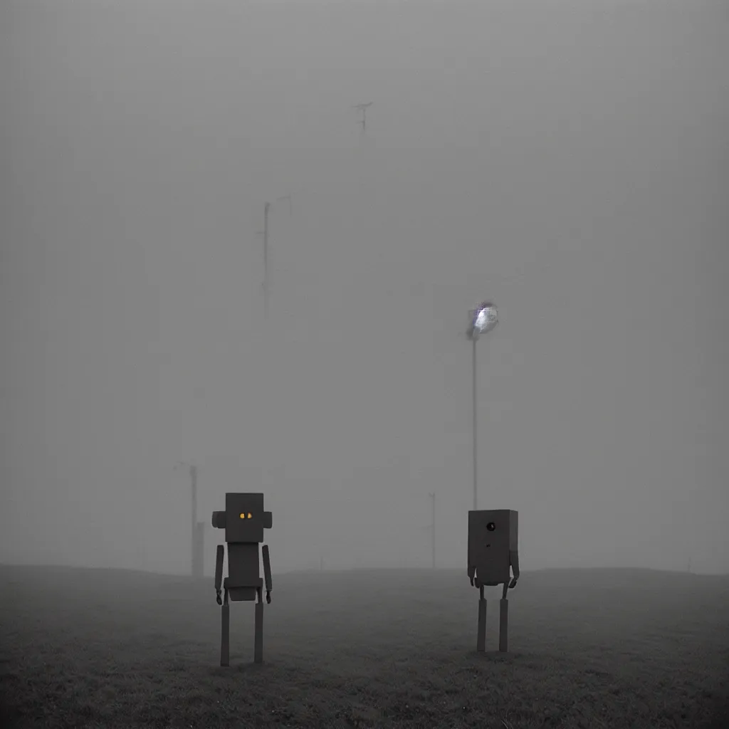 Image similar to a sole angular lanky liminal observer droid, in a brutalist yet rural landscape by simon stalenhag, 3 5 mm film photography, dawn, eerie fog