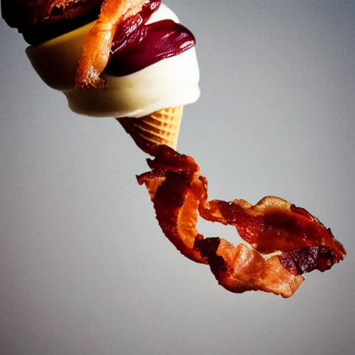 Image similar to a detailed photograph of a levitating ice cream cone made of bacon