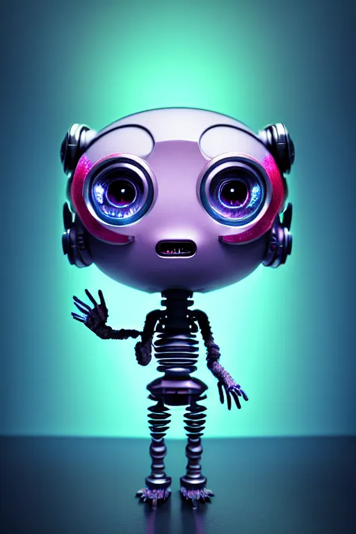 Prompt: a tiny cute cyberpunk cyborg with big eyes smiling waving, back view, isometric 3 d, ultra hd, character design by mark ryden pixar hayao miyazaki, unreal 5, daz, hyperrealistic, octane render, cosplay, rpg portrait, dynamic lighting, intricate detail, summer vibrancy, cinematic, symmetrically isometrically centered