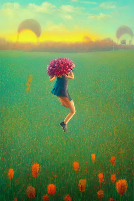 Prompt: closeup, giant flower head, girl in suit jumping in field of flowers, surreal photography, sunrise, blue sky, dramatic light, impressionist painting, digital painting, artstation, simon stalenhag