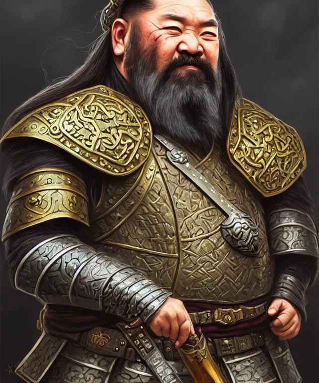 Prompt: old mongolian dwarven general portrait, armored, holding a warhammer, face, long hair, moustache, goatee, fantasy, intricate, elegant, highly detailed, digital painting, artstation, concept art, smooth, sharp focus, illustration, art by artgerm and greg rutkowski and alphonse mucha