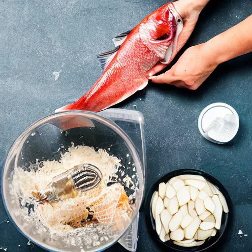 Image similar to fish being cut in a food processor