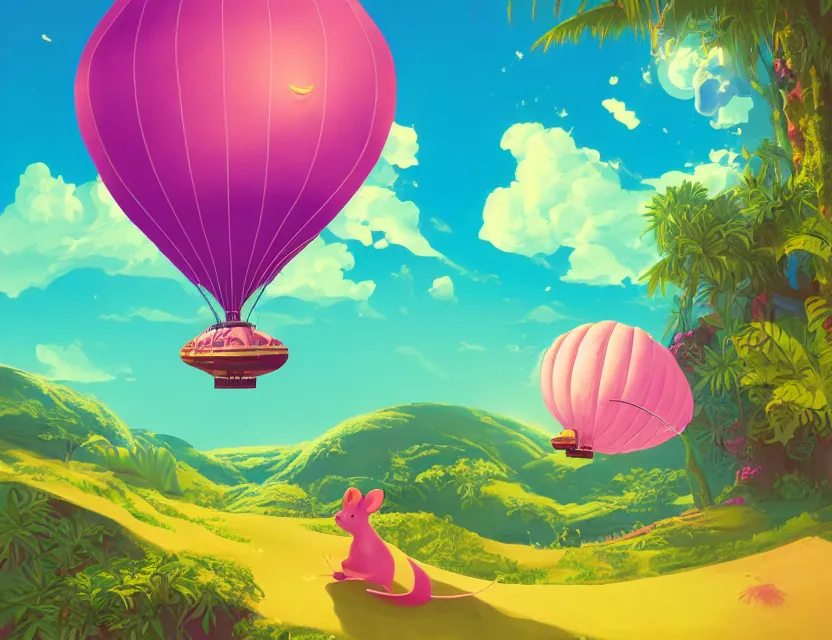 Image similar to adventurer mouse travelling on a vaporwave blimp above tropical landscape. complementary colors, gouache, indie concept art, bloom, chiaroscuro, backlighting, intricate details.