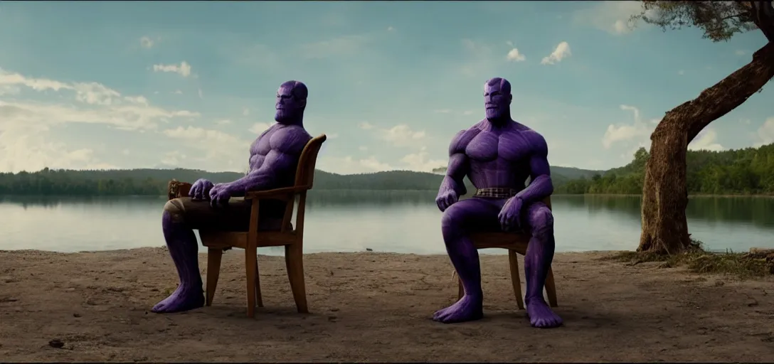 Image similar to a very high resolution image from a new movie. thanos sitting on chair in a lake, photorealistic, photography, directed by wes anderson