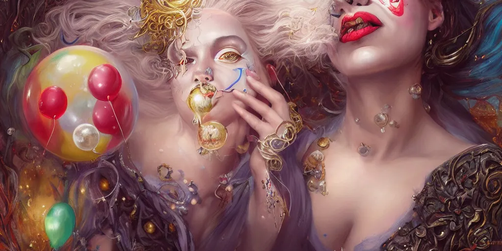 Prompt: a portrait of a group of female clown sorceress with balloons bathing in a lake by karol bak and jia ruan, beautiful detailed eyes, cute, fantasy, intricate, elegant, highly detailed, digital painting, 4 k, hdr, concept art, detailed jewelry, smooth, sharp focus, illustration, art by artgerm