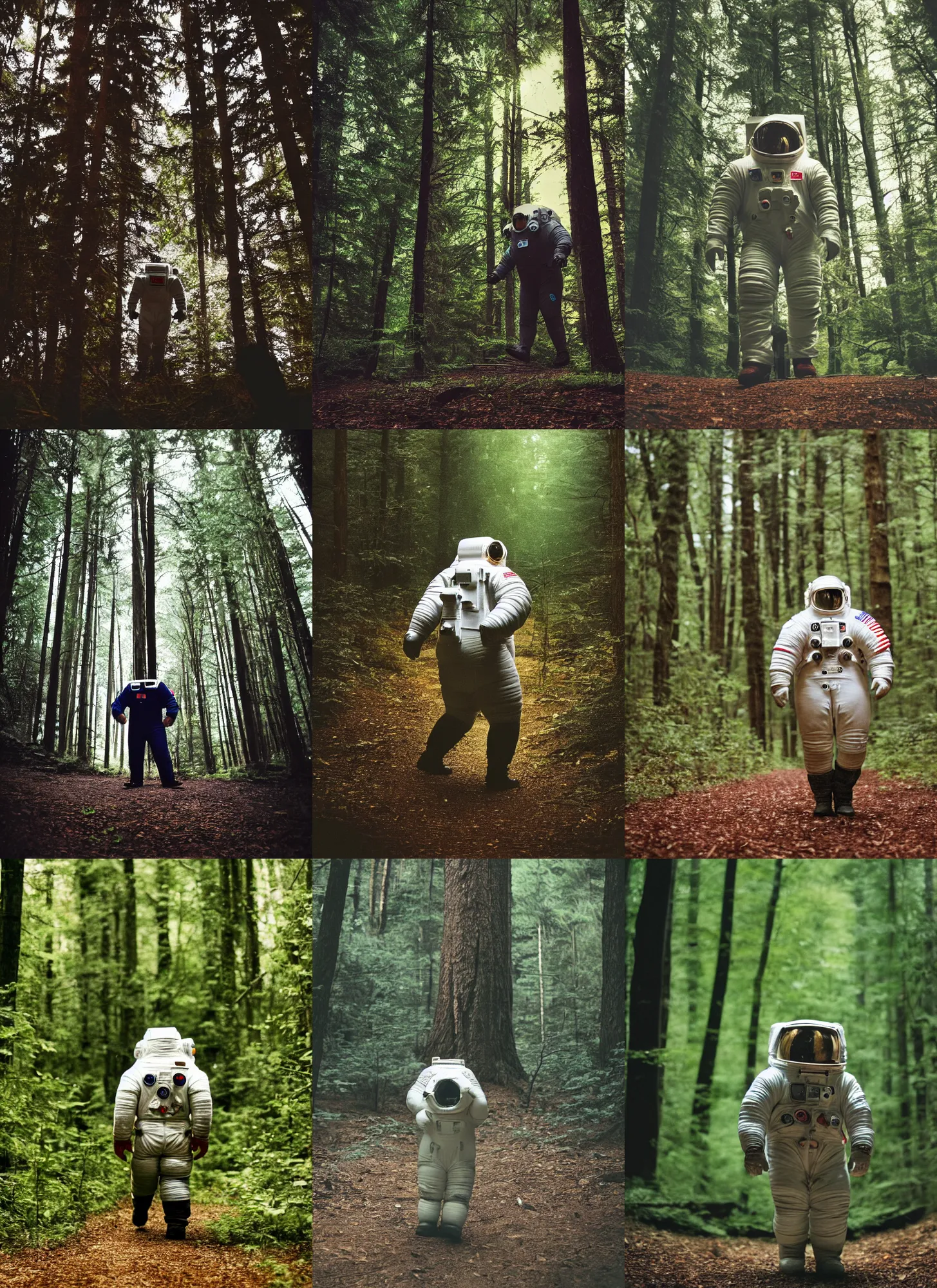 Prompt: a 3 5 mm photo of a enormous towering chubby american astronaut in spacesut walking in the tiny undersized woods, splash art, movie still, bokeh, canon 5 0 mm, cinematic lighting, dramatic, film, photography, depth of field, award - winning, backlighting, overcast, 8 k, hyper detailed, 3 5 mm film grain