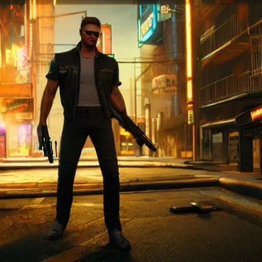 Prompt: a detailed full body painting of an extremely handsome jensen ackles as the terminator walking down a dark alley in cyberpunk 2 0 7 7, holding two sawed off shotguns, volumetric lighting, octane render, 8 k, art by greg rutkowski and albert bierstadt and alphones mucha