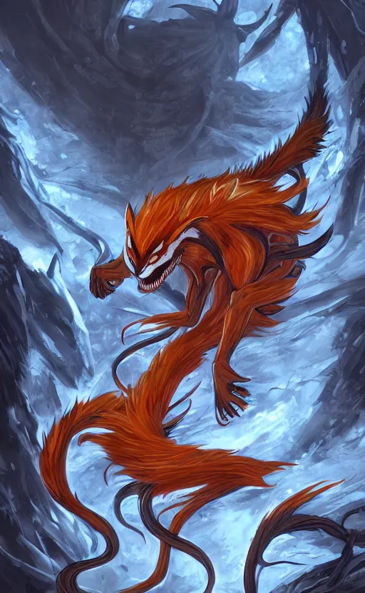 Prompt: venom as the nine tailed fox, kurama, dynamic lighting, photorealistic dark fantasy concept art, trending on art station, stunning visuals, creative, cinematic, ultra detailed