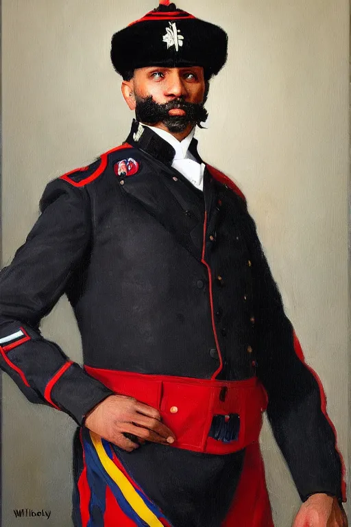 Prompt: full body portrait of the dictator of the los angeles clippers, 1 8 8 9, in full military garb, oil on canvas by william sidney mount, trending on artstation