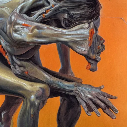 Image similar to high quality high detail painting of a dark figure in agony by lucian freud and jenny saville and francis bacon, hd, dark demonic dancer, turquoise and orange