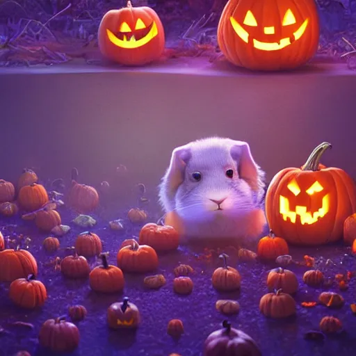 Prompt: halloween festival, expressive eyes, floating, rbc, bunny, radiolaria, protophyta, micro - organisms, center frame, symmetric, rim light, marine microbiology, bioluminescence, electric, fur, soft, concept art, intricate details, highly detailed, colorful, photorealistic, disney pixar, octane render,