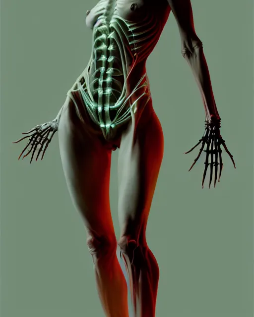 Prompt: female posing sensual figure x - ray, skeletal, glowing veins under translucent skin, highly detailed skin, bioluminescent, plasma, greg rutkowski, 8 k trending on artstation