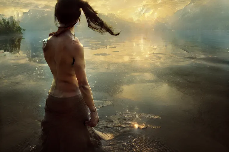 Image similar to first person perspective of a woman looking at her hands full of rings, the woman is reflected in the water of a lake, in the style of ruan jia, illustration, epic, fantasy, hyper detailed, smooth, unreal engine, sharp focus, ray tracing