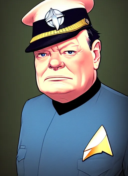 Image similar to cute star trek officer winston churchill, natural lighting, path traced, highly detailed, high quality, digital painting, by don bluth and ross tran and studio ghibli and alphonse mucha, artgerm