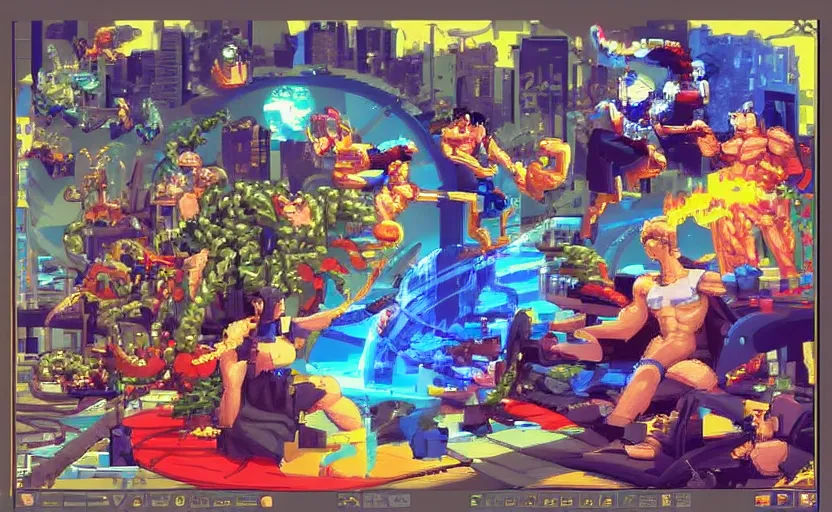 Image similar to Smooth. Close Highly detailed masterpiece professional artistry Sega, Namco, Neogeo, Capcom arcade styled Pixel-art. Trending on artstation. Slice-of-life genre art. Balanced colors and lighting scheme by James Gurney and artgerm. In the style of a 'Music to chill/study' to youtube video. Character sitting and relaxing in front of their work desk in their cozy room as a peaceful scene is seen through the room's window.