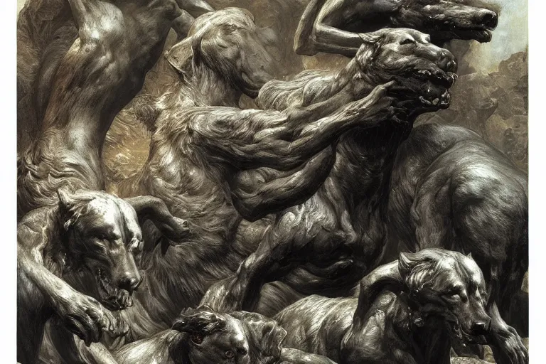 Image similar to hyperdetailed matte art of cerberus by william blake, ilya repin, amano, rene magritte, craig mullins, three headed dog, details