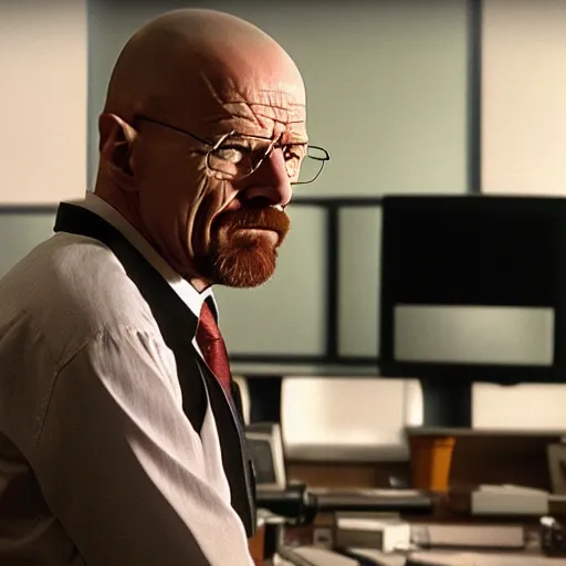 Image similar to film still of walter white talking to the camera in the office tv show. 4 k.