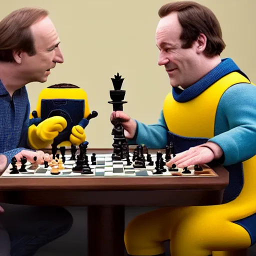 Prompt: bob odenkirk and a minion playing chess