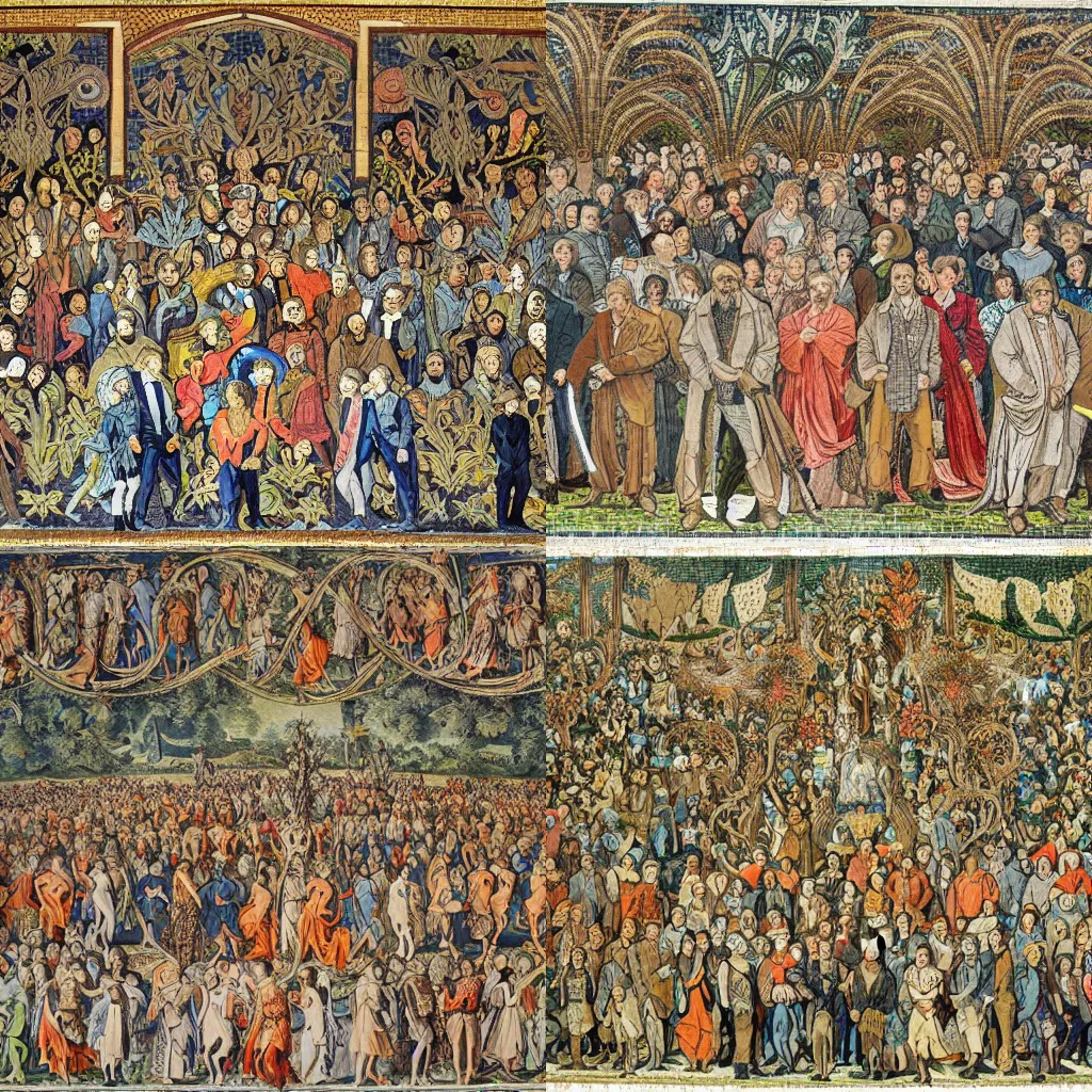 Prompt: a very large group of people that are standing together, a mosaic by william morris, featured on pixiv, arts and crafts movement, repeating pattern, hellish background, rococo