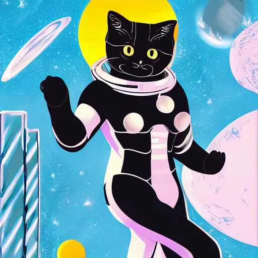 Prompt: black cat in a space suit in style of retro-futurism, 4k, hyper realistic,