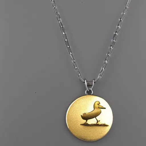 Prompt: a silver necklace on a golden duck