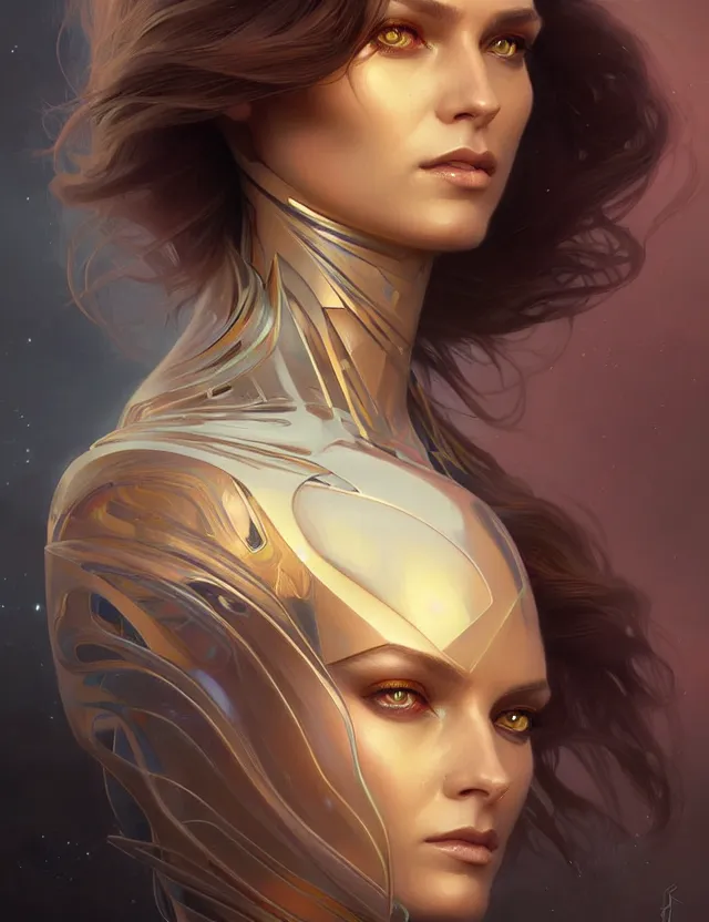 Image similar to futuristic woman portrait, sci-fi, amber eyes, face, long hair, fantasy, intricate, elegant, highly detailed, digital painting, artstation, concept art, smooth, sharp focus, illustration, art by artgerm and greg rutkowski and alphonse mucha