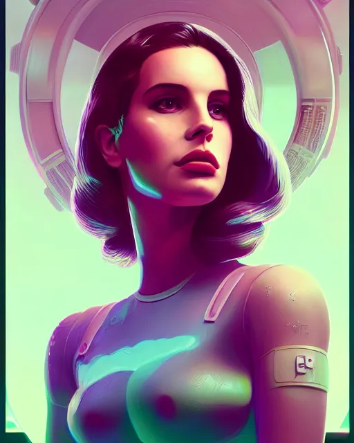 Image similar to portrait of lana del rey as a cyborg. intricate abstract. intricate artwork. by tooth wu, wlop, beeple, dan mumford. octane render, trending on artstation, greg rutkowski very coherent symmetrical artwork. cinematic, hyper realism, high detail, octane render, 8 k, iridescent accents