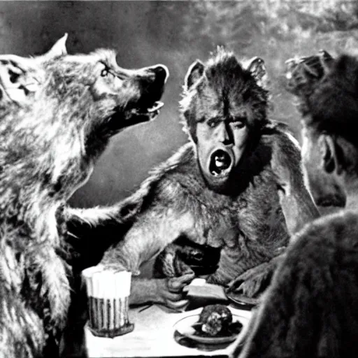 Image similar to film still of a werewolf asking for food in the wolf man 1 9 4 1