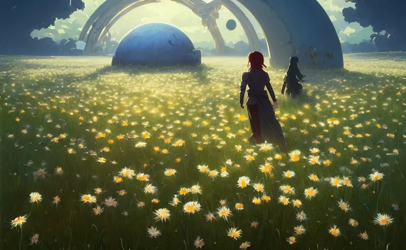 Image similar to portal to another world in a field of daisies, painting by unreal engine, greg rutkowski, loish, rhads, beeple, makoto shinkai and lois van baarle, ilya kuvshinov, rossdraws, tom bagshaw, alphonse mucha, global illumination, detailed and intricate environment