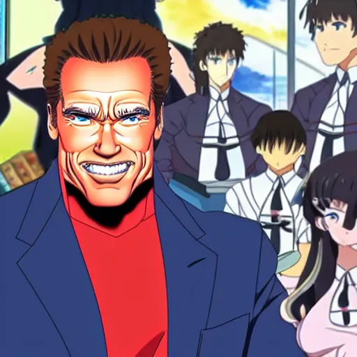 Image similar to arnold schwarzenegger as anime character, kyoto animation, magical