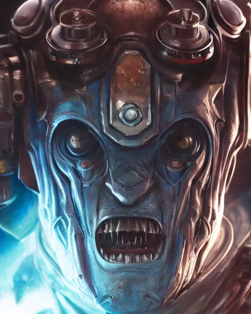 Image similar to hyper realistic portrait of warhammer android head, cinematic, chaos marine, tzeentch, artstation, cgsociety, full head, greg rutkowski, james gurney, mignola, craig mullins, brom