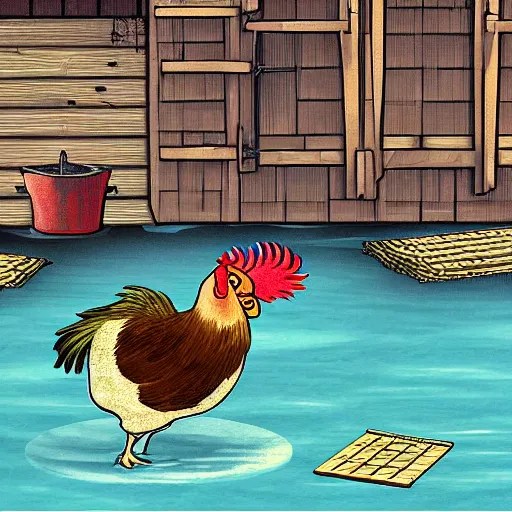 Image similar to A digital painting of a thief tripping and falling into a pond. In the background, there's a chicken coop where a rooster drinks from a wooden keg while sitting on stacks of dollar bills.