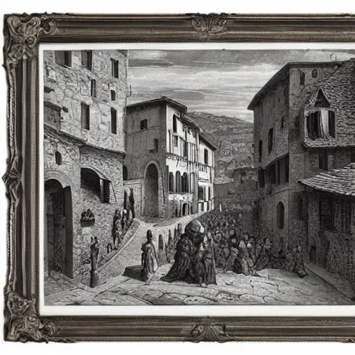 Prompt: medieval italian town, gustave dore lithography