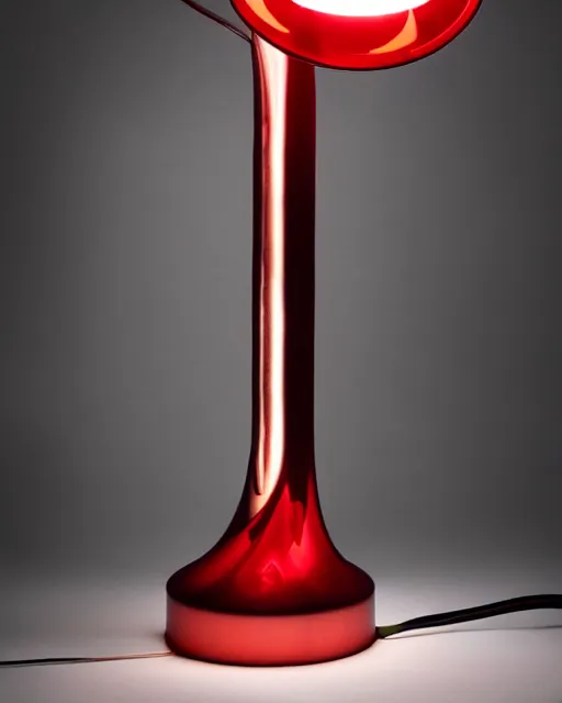 Prompt: sculptural table lamp designed by iris van herpen, red metal, advertising photography