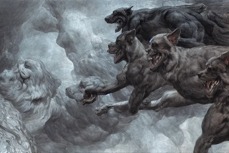 Image similar to hyperdetailed matte art of cerberus by william blake, ilya repin, amano, rene magritte, craig mullins, three headed dog, details