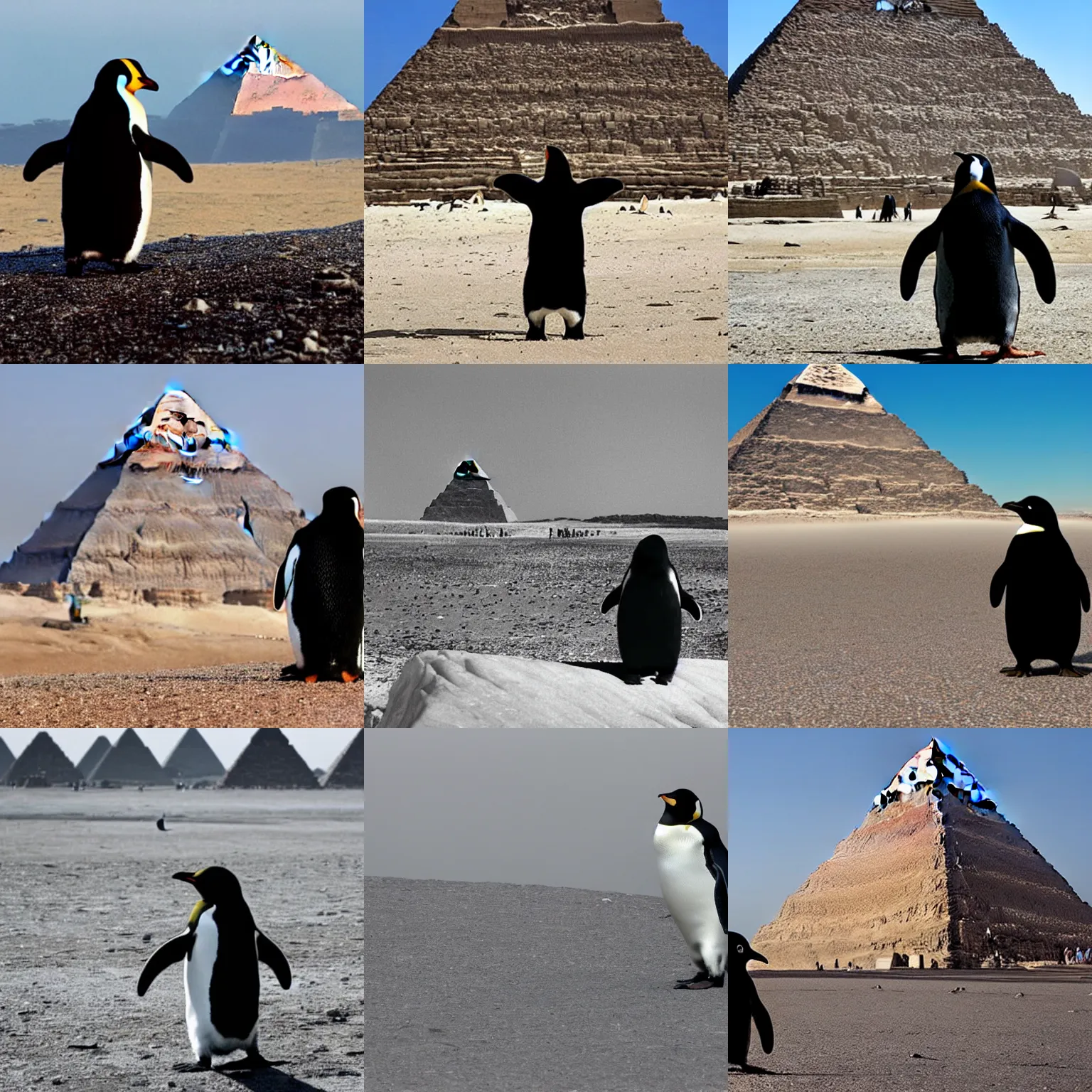 Prompt: a penguin seeing the pyramids for the first time