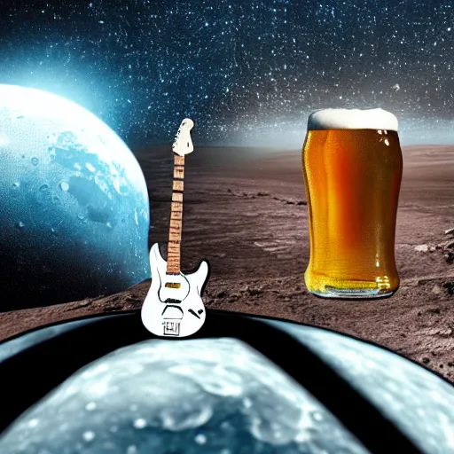 Image similar to a photo of a detailed, realistic, regular sized, sitting idle fender electric guitar next to a sitting idle beer can with an astronaut sitting on the moon surface. detailed photo. realistic photo. cinematic