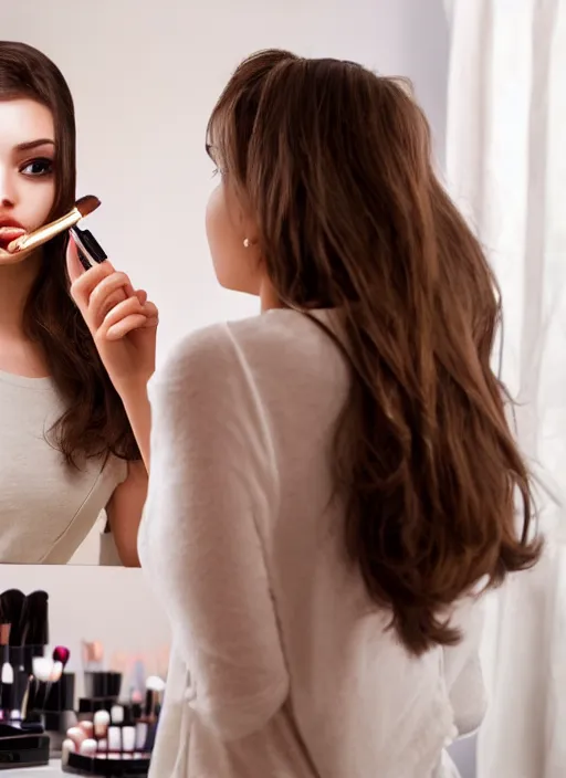 Prompt: a beautiful detailed photo of a girl in the mirror doing make - up, realistic, f 8, 4 k hd wallpaper