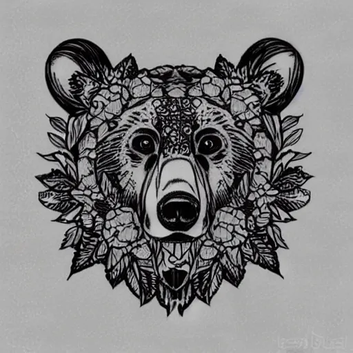 Image similar to tattoo design, stencil, bear, wreath surrounding bear