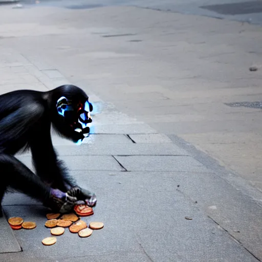 Image similar to a chimpanzee picking up pennies on a street in manhattan, depth of field, breathtaking, detailed and intricate environment, 8 k resolution, hyperrealistic