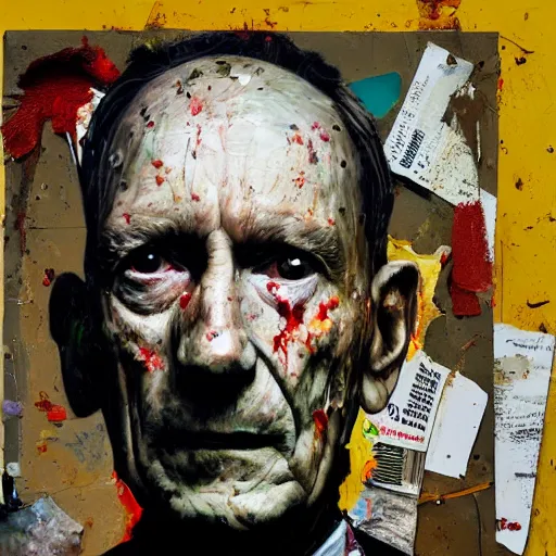 Image similar to hyperrealistic, photorealistic, mixed media oil painting of william s burroughs, magazine scraps, plaster, blood, oil, mustard, splatter, greg rutkowski, basquiat, ralph steadman, wesley kimler