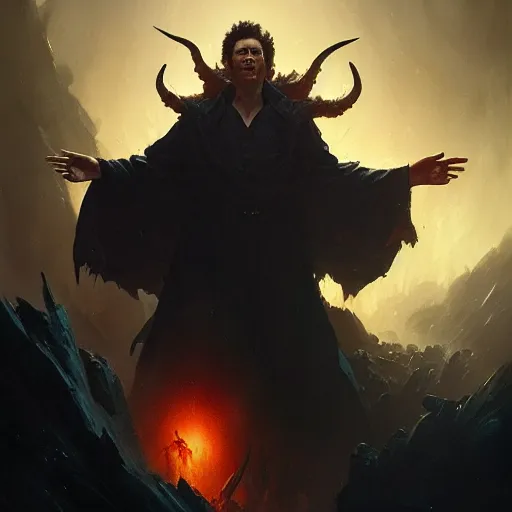 Image similar to joel osteen with deep black eyes wide open as the devil lording over his army of demons, greg rutkowski, trending on artstation, 8 k