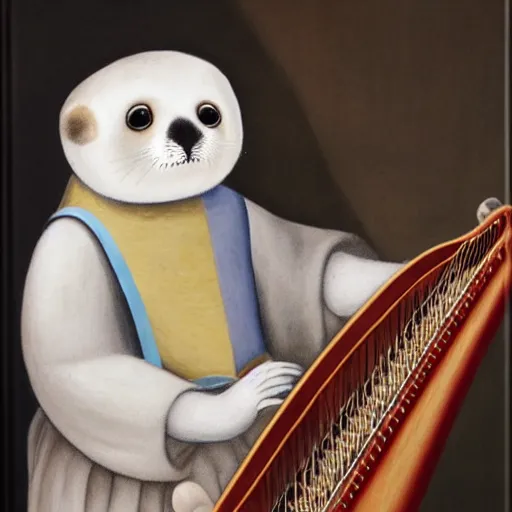 Image similar to portrait of a anthropomorphic baby harp seal dressed as an italian king, oil painting by sandra bottecelli