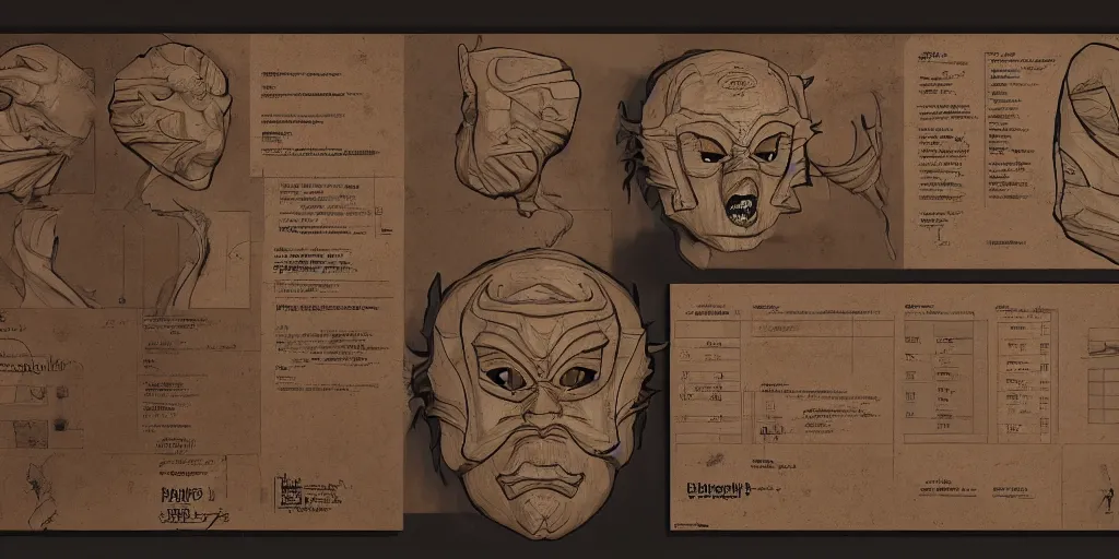 Image similar to wooden cursed mask design, character sheet, Moebius, Greg Rutkowski, Zabrocki, Karlkka, Jayison Devadas, Phuoc Quan, trending on Artstation, 8K, ultra wide angle, zenith view, pincushion lens effect