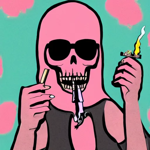 Prompt: photograph of the Grimm Reaper smoking a joint wearing pink sunglasses