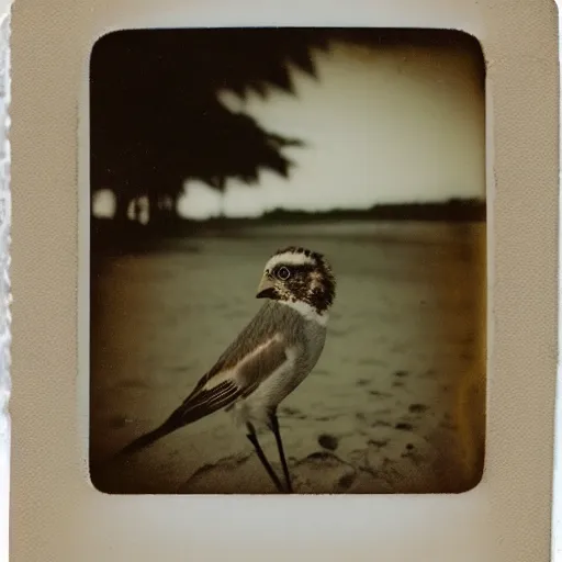 Prompt: old Polaroid photo of a bird on the beach