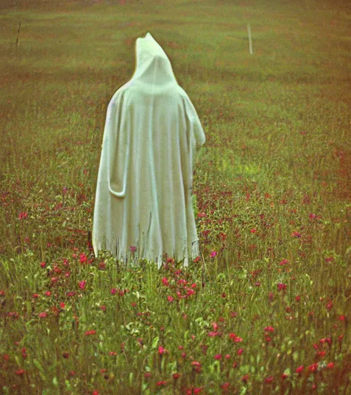 Prompt: tall hooded shadow person figure standing in beautiful meadow of flowers, film photo from 1970s, grainy, high detail, high resolution