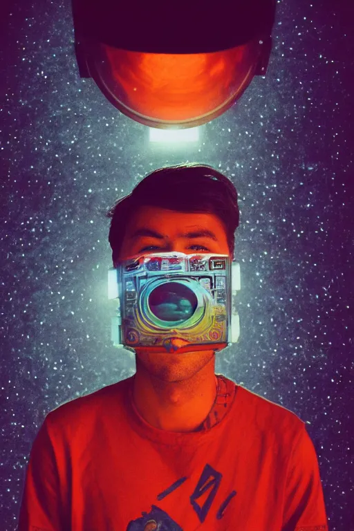 Image similar to agfa vista 4 0 0 portrait photograph of a meso american guy on a spaceship, aztec face mask, ancient yet futuristic, meso american aesthetic, aztec aesthetic, synth vibe, vaporwave colors, lens flare, moody lighting, moody vibe, telephoto, 9 0 s vibe, blurry background, grain, tranquil, calm, faded!,